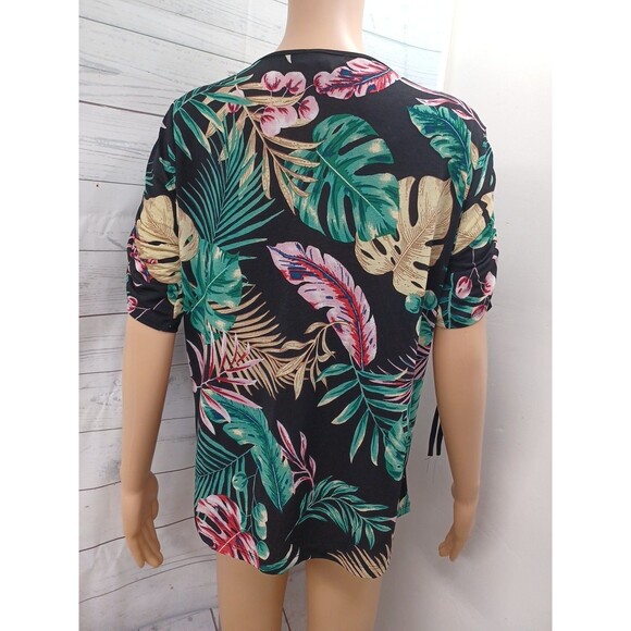 Lavish Womens Black Ruched Short Sleeve Top Floral Tropical Sz L - Picture 6 of 9